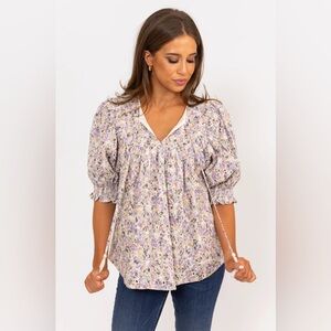 Karlie Purple and Cream Floral Blouse